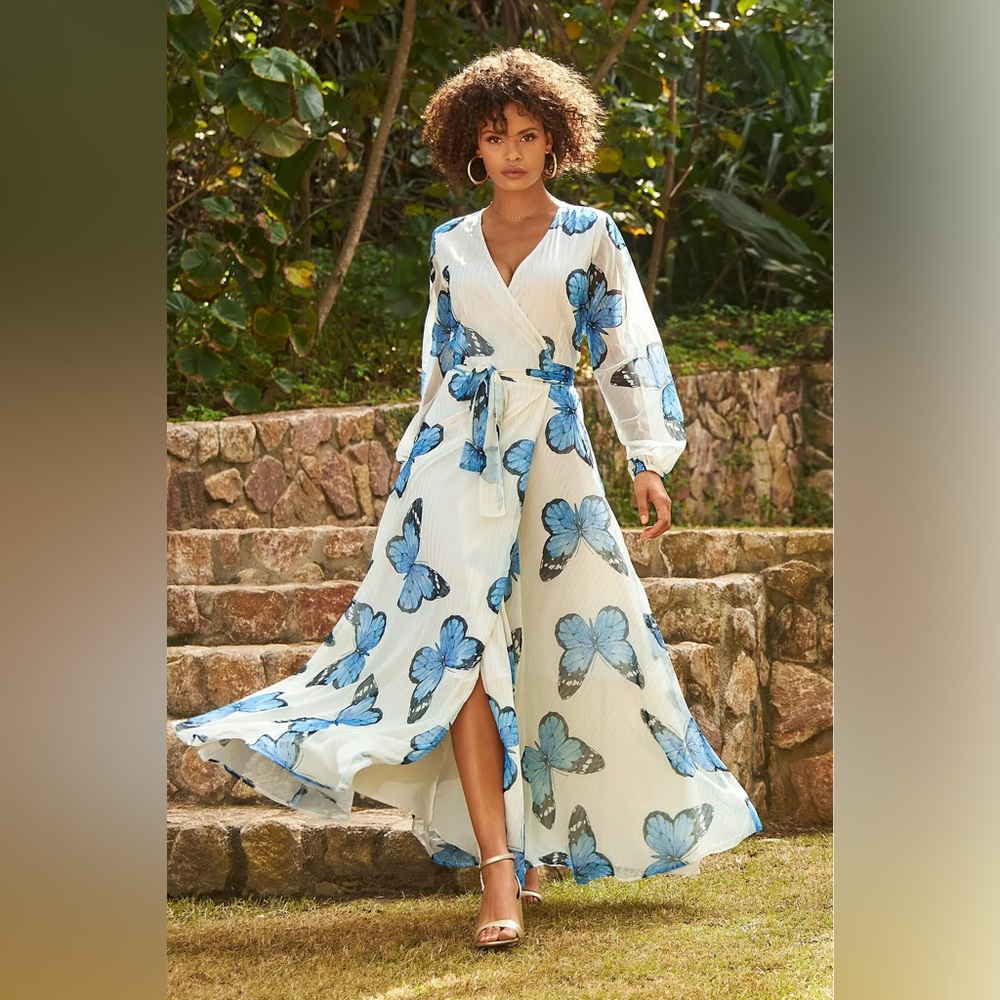Butterfly Wings Wrap Maxi Dress Blue White